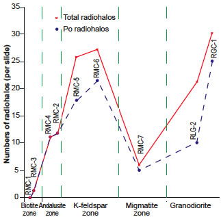 Plot of numbers of radiohalos per slide in each
sample along the west-east traverse